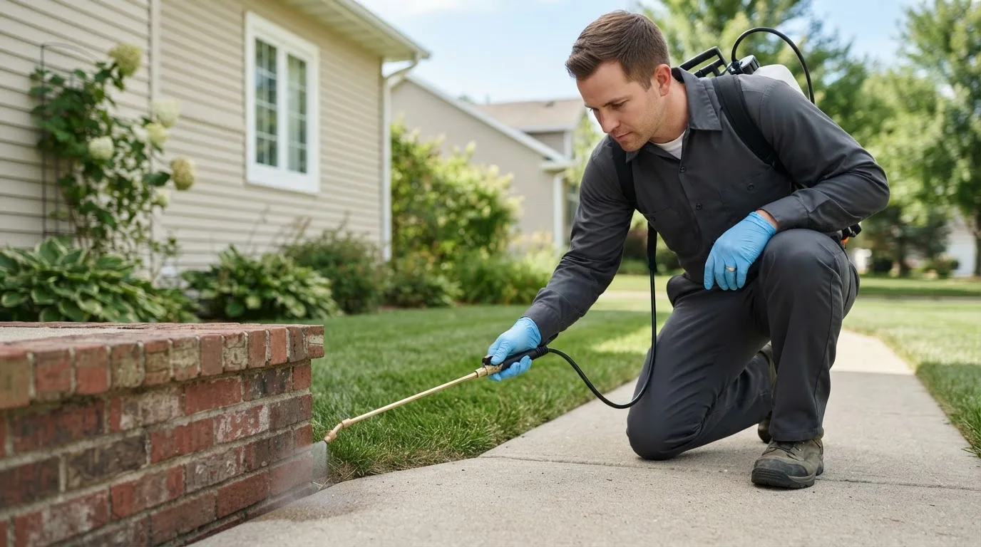 Pest control technician treating a home near Mattapan, MA